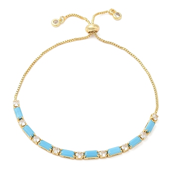Brass Cubic Zirconia Slider Necklaces, with Synthetic Turquoise, Box Chain Necklace for Women, Real 16K Gold Plated, 13-3/8 inch(33.9cm)