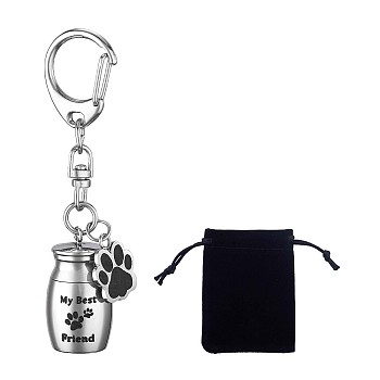 Pet Urn Key Chain Paw Print Urn Pendant Necklace Pet Cremation Jewelry Stainless Steel Paw Print Keychain Pet Keepsake Cat & Dog Urn with Storage Bag, Stainless Steel Color, 7.5x1.6cm