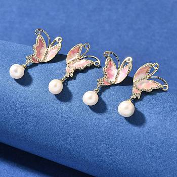 Natural Pearl Dangle Ear Studs, Butterfly, with Brass Micro Pave Clear Cubic Zirconia, Enamel and 925 Sterling Silver Pin, Real 14K Gold Plated, 27x13.5mm