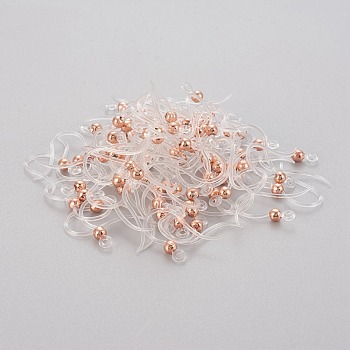 Eco-Friendly Plastic Earring Hooks, with 304 Stainless Steel Beads and Horizontal Loop, Round, Rose Gold, 15.5x8x0.7mm, Hole: 1.2mm, 24 Gauge, Pin: 0.5mm
