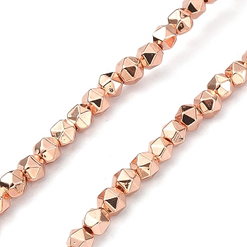 Synthetic Non-magnetic Hematite Beads Strands, Long-Lasting Plated, Faceted, Polygon, Rose Gold Plated, 3.5~4x3.5~4x3.5~4mm, Hole: 0.9~1mm, about 100~102pcs/strand, 15.35~15.75 inch(39~40cm)