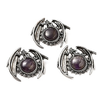 Natural Amethyst Pendants, Dragon Charms, with Rack Plating Antique Silver Tone Alloy Findings, Cadmium Free & Lead Free, 40x48x12mm, Hole: 9x6mm