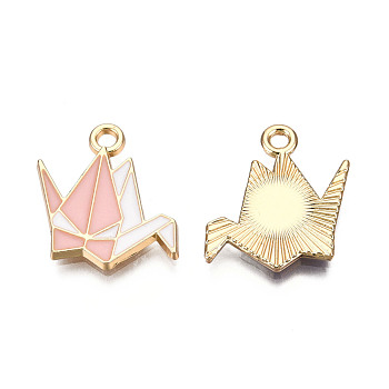 Alloy Pendants, with Enamel, Paper Crane, Light Gold, Pink, 17x17x2mm, Hole: 2mm
