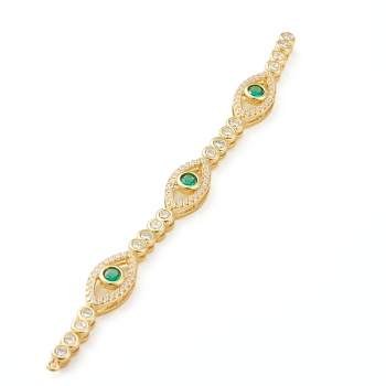 Brass Mirco Pave Cubic Zirconia Links Connectors, Long-Lasting Plated, Real 18K Gold Plated, Eye, Lime Green & Clear, 98x7.5x4mm, Hole: 1mm