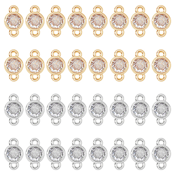 32Pcs 2 Colors Eco-Friendly Rack Plating Brass Pave Clear Cubic Zirconia Connector Charms, Long-Lasting Plated, Flat Round, Mixed Color, 6x10.5~11x3mm, Hole: 1.2mm, 16pcs/color