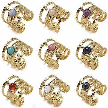 Natural & Synthetic Gemstone Finger Rings, 304 Stainless Steel Multi-layer Open Cuff Rings, Real 18K Gold Plated, 19.5mm, Adjustable