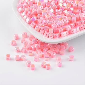 Eco-Friendly Poly Styrene Acrylic Beads, AB color, Cube, Pink, 4x4mm, Hole: 1mm, about 8000pcs/500g