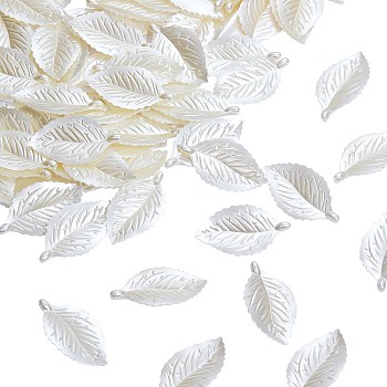 100Pcs Baking Paint ABS Plastic Pendants, Leaf, White, 42x23x3.5mm, Hole: 1.2mm