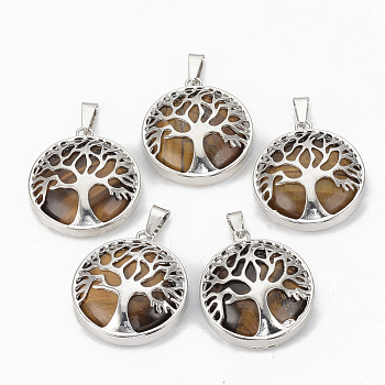 Natural Tiger Eye Pendants, with Brass Findings, Flat Round with Tree of Life, Platinum, 30.5x27x8mm, Hole: 7x3mm