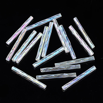 Transparent Glass Bugle Beads, Round Hole, Clear AB, 25~26x2.5mm, Hole: 1mm, about 1500pcs/bag