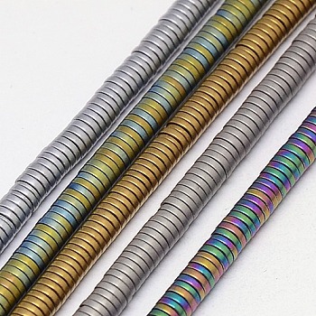 Electroplate Non-magnetic Synthetic Hematite Beads Strands, Frosted, Heishi Beads, Flat Round/Disc, Grade A, Mixed Color, 4x1mm, Hole: 1mm, about 400pcs/strand, 16 inch