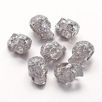 Brass Skull Beads, 3-Hole, Nickel Free, Platinum, 12x8x8mm, Hole: 4mm