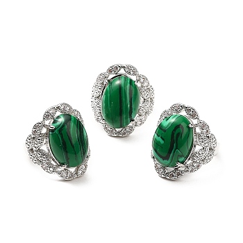 Synthetic Malachite Adjustable Rings, Platinum Tone Oval Brass Rings for Women, Cadmium Free & Lead Free, US Size 7 3/4(17.9mm), 3.5~5mm