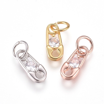 Brass Charms, with Cubic Zirconia and Jump Rings, Safety Pin, Clear, Mixed Color, 10x4.5x2mm, Hole: 3.5mm