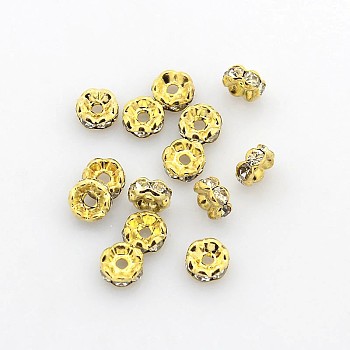Brass Rhinestone Spacer Beads, Grade A, Crystal, Wavy Edge, Rondelle, Golden, 5x2.5mm, Hole: 1mm