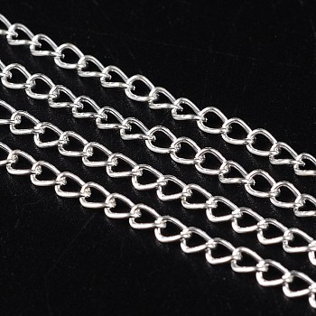 Iron Twisted Chains Curb Chains, Unwelded, Silver Color, with Spool, Link: about 2mm wide, 3.5mm long, 0.5mm thick, 100m/roll