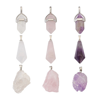 Jewelry 9Pcs 9 Styles Natural Gemstone Pendants, Natural Quartz Crystal & Amethyst & Rose Quartz, with Platinum Plated Brass Loops, Nuggets & Bullets, 20~50x10~38x8~18.5mm, 1pc/style