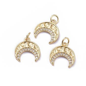 Brass Micro Pave Cubic Zirconia Pendants, with Jump Rings, Long-Lasting Plated, Double Horn/Crescent Moon, Clear, Golden, 13.5x12.5x1.5mm, Hole: 3.4mm