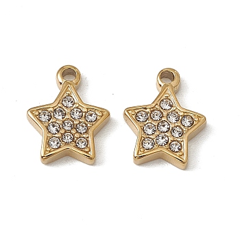 Vacuum Plating 201 Stainless Steel Charms, Crystal Rhinestone Star, Real 18K Gold Plated, 12.5x10x2mm, Hole: 1.6mm