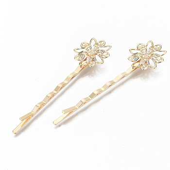 Brass Hair Bobby Pins, Nickel Free, Flower, Real 18K Gold Plated, 60.5x2mm