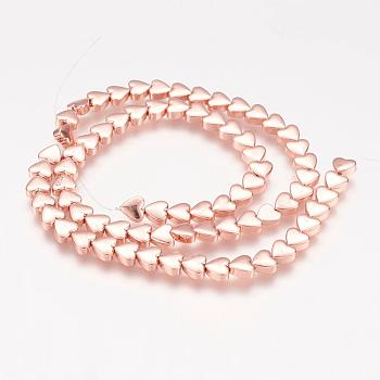 Electroplate Non-magnetic Synthetic Hematite Beads Strands, Heart, Rose Gold Plated, 6x6x3mm, Hole: 0.9mm, about 74pcs/strand, 15.9 inch