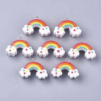 Resin Pendants, with Platinum Tone Iron Findings, Rainbow, Colorful, 27~28x37~39x15mm, Hole: 2.5mm