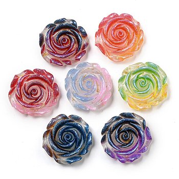 Luminous Transparent Epoxy Resin Decoden Cabochons, Glow in the Dark Flower with Glitter Powder, Mixed Color, 33x36.5x12.5mm