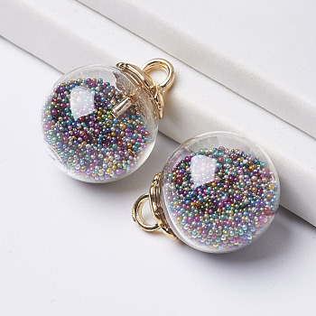 Clear Glass Ball Pendants, with CCB Plastic Findings and Mini Glass Beads, Golden, 23.5x18mm, Hole: 4mm