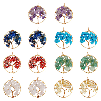 2 Sets Gemstone Copper Wire Wrapped Pendants, Synthetic Howlite, Natural Red Jasper & Aventurine & Lapis Lazuli & Rose Quartz & Amethyst & Citrine, Golden, Flat Round with Tree, 36.5~37.5x30x6~8.5mm, Hole: 3.2~3.5mm, 1pc/style, 7 styles, 7pcs/set