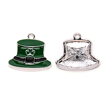 Alloy Enamel Pendants, Hat with Clover, Dark Green, Platinum, 20.5x22x3.5mm, Hole: 1.8mm