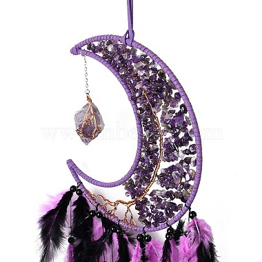 Natural Amethyst Chips Beaded Moon with Feather Pendant Decorations(HJEW-M004-05)-2
