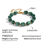 11MM Resin Oval Beaded Bracelets, with Stainless Steel Findings, Golden, Green, 6-3/4 inch(17cm)(PI5034-3)