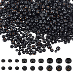 600Pcs 3 Styles Natural Wood Beads, Dyed, Round, Black, 6~10x5~9mm, Hole: 1.5~3mm, 20pcs/style(WOOD-WR0001-09)