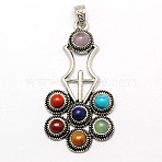 Vintage Chakra Jewelry Alloy Bezel Gemstone Big Pendants, Flower, Antique Silver, 70x35x7mm, Hole: 7x4mm(G-M039-04)