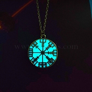 Luminous Glow in the Dark Alloy Viking Compass Pendant Cable Chain Nekclaces, Platinum, Turquoise, 23.62 inch(60cm)(PW-WG9C52A-03)