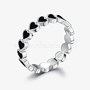 Platinum Rhodium Plated 925 Sterling Silver Heart Finger Rings, with Enamel, Black, Inner Diameter: 17mm(FL0127-4)