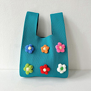 Polyester 3D Flower Knitted Tote Bags, Cartoon Crochet Handbags for Women, Dark Turquoise, 34x21cm(PW-WG78064-04)