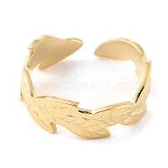 304 Stainless Steel Leaf Open Cuff Rings, Real 14K Gold Plated, Inner Diameter: 17mm(RJEW-D002-17G)