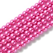 Grade A Glass Pearl Beads, Pearlized, Round, Hot Pink, 4mm, Hole: 0.7~1.1mm, about 100pcs/Strand, 16''(40.64cm)(HY-J001-4mm-HX026)