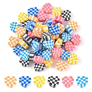 120Pcs 6 Colors Handmade Polymer Clay Beads, Heart with Tartan Pattern, Mixed Color, 9x10x4mm, Hole: 1.5mm, 20pcs/color(CLAY-YW0001-62)