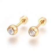 304 Stainless Steel Earlobe Plugs, Screw Back Earrings, with Rhinestone, Flat Round, Crystal, Golden, 13mm, Flat Round: 5mm, Pin: 1mm(STAS-I113-25G)