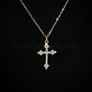 Cubic Zirconia Cross Pendant Necklace, with Brass Cable Chains, Golden, 17.72 inch(45cm)(ZV5438-1)