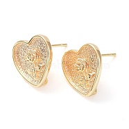 Brass Stud Earring Finding, with Vertical Loop, Heart with Rose, Real 18K Gold Plated, 12.5x13mm, Hole: 1mm, Pin: 0.7mm(KK-C031-39G)