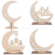 Eid Mubarak Wooden Ornaments, Ramadan Wood Tabletop Decoration, Moon with Word & Star, Blanched Almond, 4set/bag(WOOD-GF0001-07)