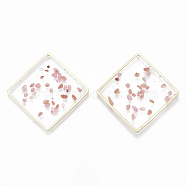 Epoxy Resin Pendants, with Shell and Alloy Findings, Rhombus, Light Gold, Pink, 41.5x41.5x1.5~3mm, Hole: 1mm(X-RESI-S365-02B)