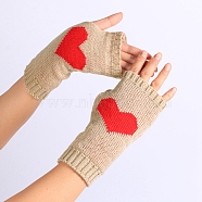 Polyacrylonitrile Fiber Yarn Knitting Fingerless Gloves, Two Tone Winter Warm Gloves with Thumb Hole, Heart Pattern, PapayaWhip & Red, 190x70mm(COHT-PW0001-19F)