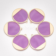 Epoxy Resin Pendants, with Alloy Findings, Flat Round, Matte Gold Color, Dark Orchid, 33x30.5x1.5mm, Hole: 1.6mm(PALLOY-T070-31A)