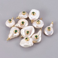 Natural Cultured Freshwater Pearl Pendants, with Brass Micro Pave Cubic Zirconia Cabochons, Long-Lasting Plated, Real 18K Gold Plated, Dark Green, 16~22.5x10~14mm, Hole: 1.4mm(PEAR-F008-31G-02)