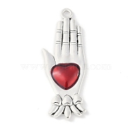 Rack Plating Alloy Enamel Pendants, Cadmium Free & Nickel Free & Lead Free, Palm with Heart Charm, Antique Silver, 37.5x13x2.5mm, Hole: 1.8mm(PALLOY-F018-25AS-02)