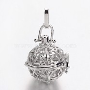 Eco-Friendly Rack Plating Brass Hollow Round with Butterfly Cage Pendants, For Chime Ball Pendant Necklaces Making, Cadmium Free & Nickel Free & Lead Free, Platinum, 34x24.6mm, Hole: 9x3.5mm, inner: 18mm(KK-M176-09P-NR)